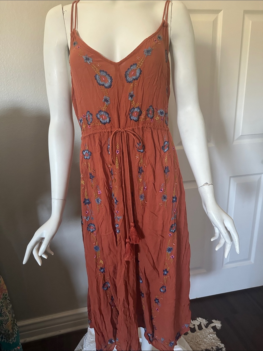 Free People Rust Embroidered Spaghetti-Strap Maxi Dress